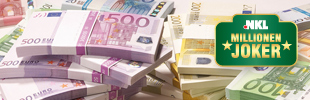 Bündel mit Euro-Geldscheinen, darüber Logo NKL Millionen Joker
